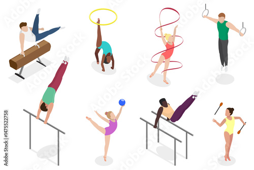 Foto 3D Isometric Flat  Set of Athletic Gymnastics, Sport Competitions