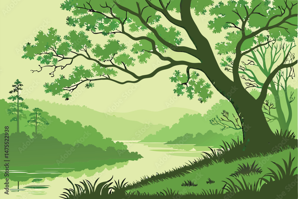 Fototapeta premium 11 a lush, verdant forest with a serene, mirror-like lake, vibrant green foliage reflecting on the calm waters, a solitary tree with twisting branches dipping into the tranquil surface, a dreamlike, h