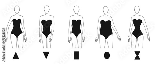 Types of Woman's figures. Woman body types. Female shapes. Circle, Triangle, Inverted Triangle, Rectangle, Hourglass. Vector fashion illustration for fashion, beauty, clothing, and fitness use