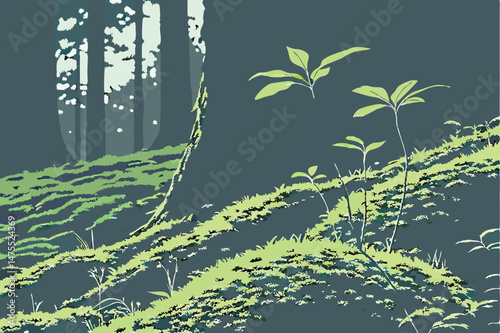 12 moss, forest floor, sunlight, seedlings, nature, greenery, soft focus, dramatic lighting, depth of field
