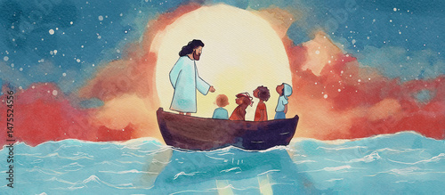 Jesus warmly welcomes and teaches children on a boat beneath a glowing sunset, watercolor for children