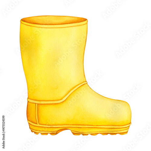 Watercolor illustration of Yellow rubber boots. Hand drawn Illustration of Autumn Shoes. Template for creative design. PNG