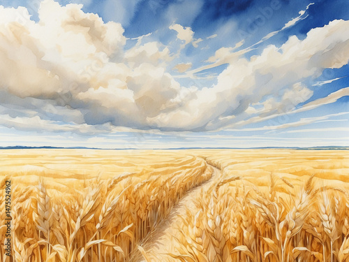  Watercolor illustration of a golden wheat field with a path leading into the distance, under a blue sky with white clouds. For illustrations of nature, summer, harvest, countryside, landscapes