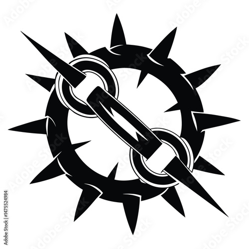 Black spiked ring connected by a block and two smaller rings creates an icon