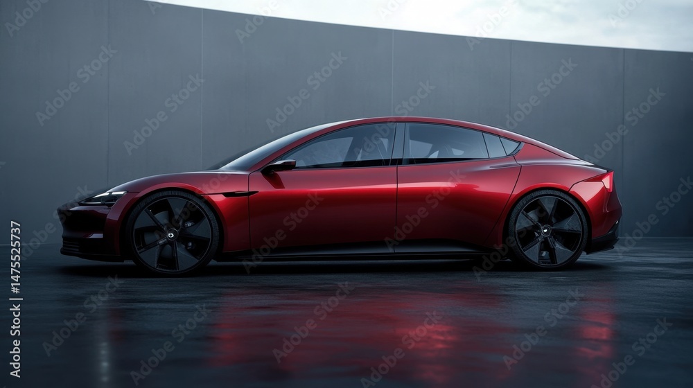 Fototapeta premium Red electric car under gray sky