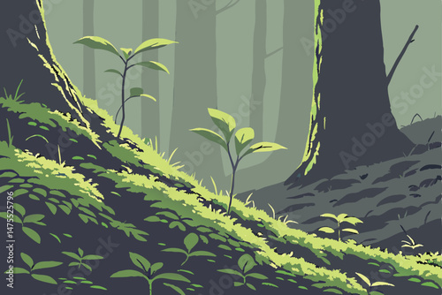 12 moss, forest floor, sunlight, seedlings, nature, greenery, soft focus, dramatic lighting, depth of field
