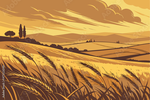 13 golden wheat field in the foreground, rolling hills in the distance, dramatic sunset sky with warm colors, silhouetted silos in the background, beautiful natural landscape, cinematic, highly detail