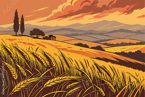 13 golden wheat field in the foreground, rolling hills in the distance, dramatic sunset sky with warm colors, silhouetted silos in the background, beautiful natural landscape, cinematic, highly detail