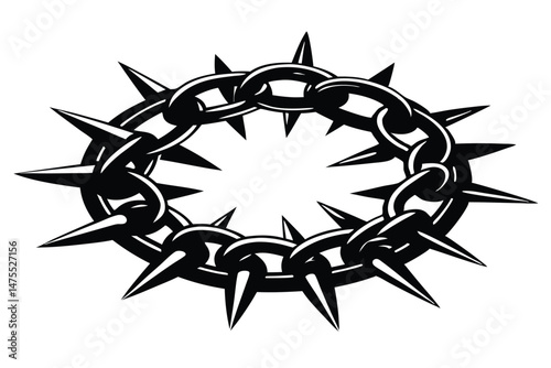 Spiked crown of thorns made of black chain stands out menacingly against white backdrop