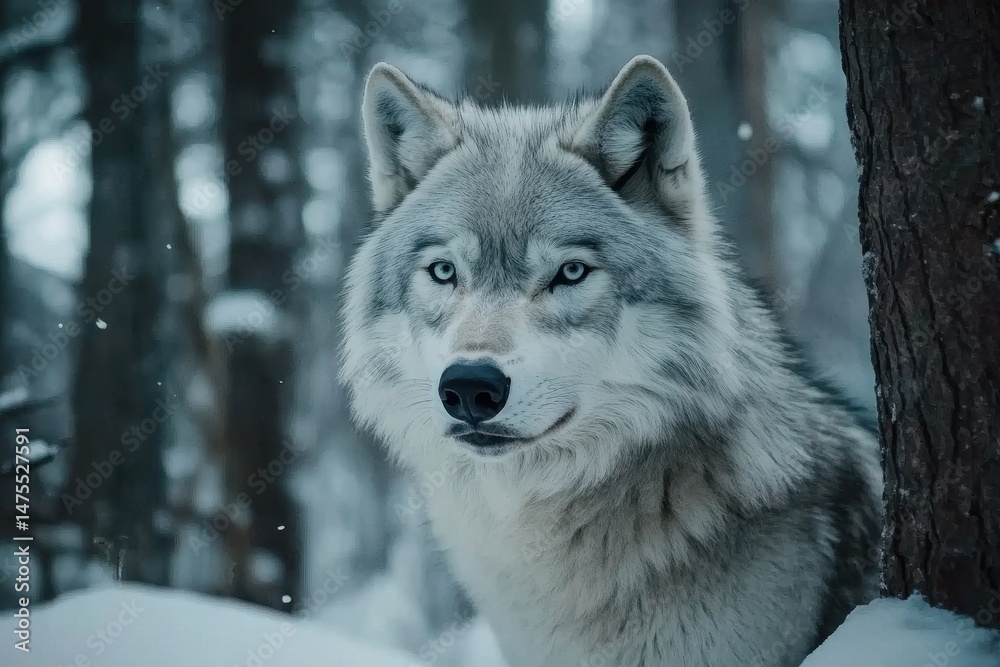 Obraz premium Gray wolf quietly observing its surroundings in a snowy forest environment, Portrait of a gray wolf in the forest