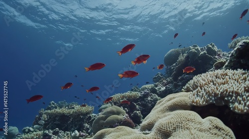 Vibrant Coral Reef Ecosystem with Colorful Fish Swimming Deep