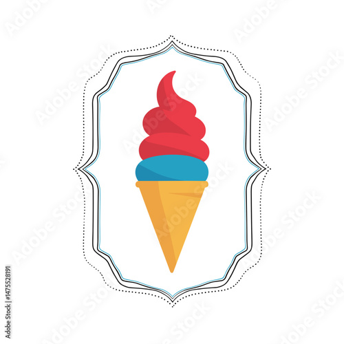 Colorful ice cream cone with swirled toppings on white background  