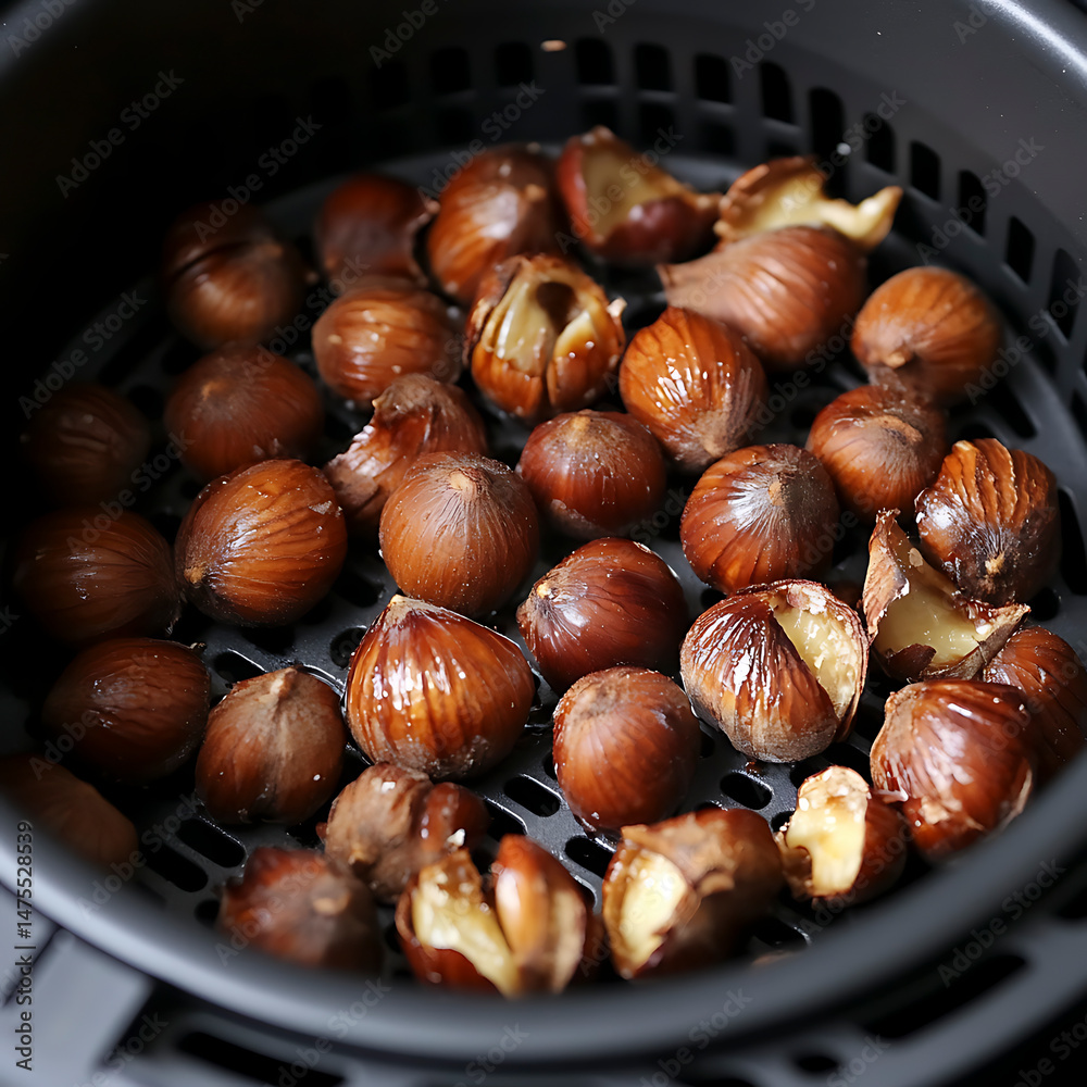 Obraz premium Golden Roasted Chestnuts in Modern Air Fryer Basket