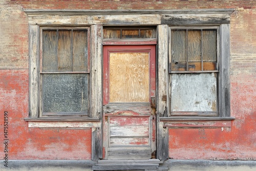 Closeup view of an old abandoned building entrance with weathered wood and peeling paint, A close-up view in front of an old, abandoned and disused western saloon in the wild west of America photo