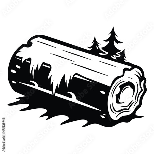 Silhouette illustration shows a detailed log with small fir trees behind it elegantly