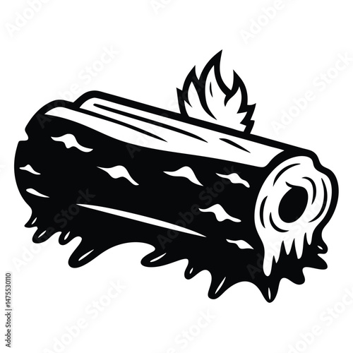 Monochrome cartoon log design features jagged, melting texture with flames atop the timber