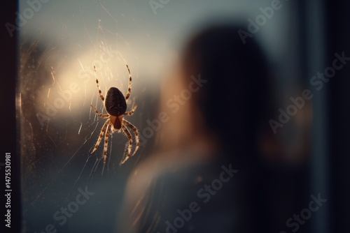 Orb-weaver spider on a windowpane viewed from within.
