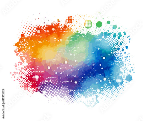 Bright colorful watercolor stain splash splatter brush stroke on white background. Modern vibrant aquarelle spot. Decorative trendy isolated design on white. hand drawn. Not AI. Vector illustration.