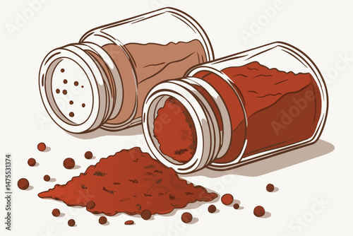 16 Two glass jars filled with vibrant, crimson-colored spice or powder, set against a plain, light background, photographed in high detail