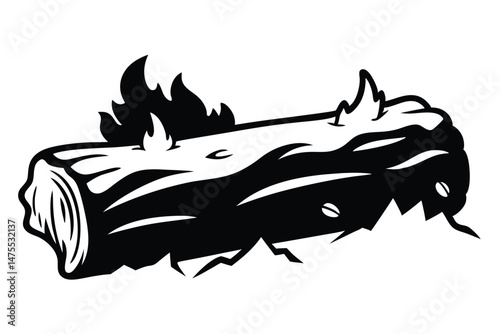 Detailed black and white log features rough bark textures and jagged, broken edges