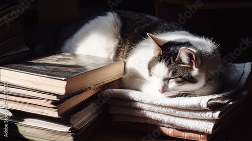Cozy Indoor Cat Curled Up on Towels Beside Science Fiction Books