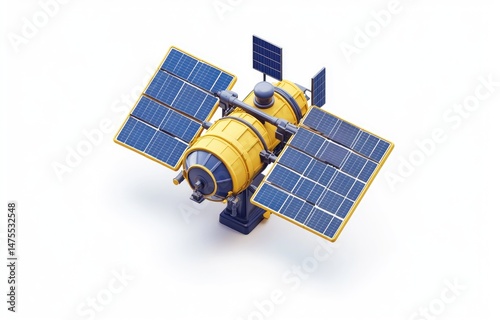 Orbital satellite with solar panels, isometric view.  Features a cylindrical body,  large solar arrays, and  auxiliary equipment
