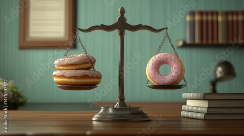 A 3D caricature of the justice scales balancing huge, humorous items like an oversized donut and book photo