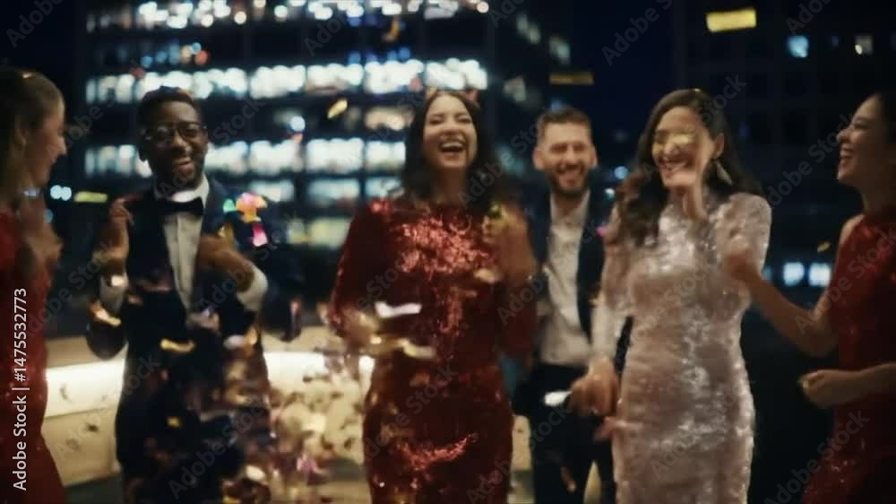 A lively group of friends from diverse backgrounds is enjoying a vibrant celebration at night. They are dancing joyfully while confetti falls around them, creating a festive atmosphere A lively group of friends from diverse backgrounds is enjoying a vibrant celebration at night. They are dancing joyfully while confetti falls around them, creating a festive atmosphere