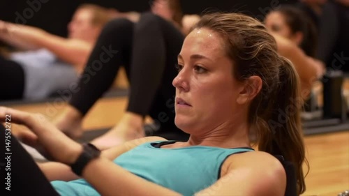Women of diverse backgrounds participate in a challenging core workout at a local gym. The atmosphere is energetic and focused as they strive for their fitness goals