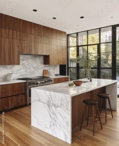 Modern kitchen island with a marble countertop and wooden cabinets.