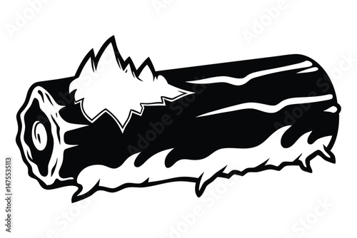 Monochrome log with jagged edges shows detailed wood grain and natural texture