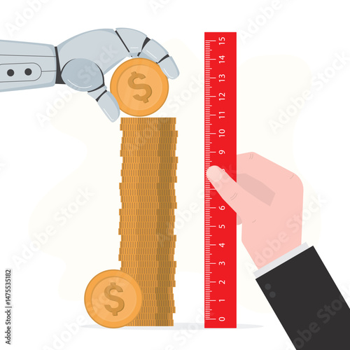 Chat bot arm adds coins to stack. Businessman hand uses red ruler and measures level of profit and income target. Trading robot give giant profit.