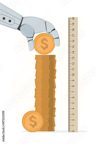 Chat bot arm adds coins to tall stack. Ruler and measures level of profit and income target. Trading robot give giant profit. Technology of financial planning. Growth in revenue.