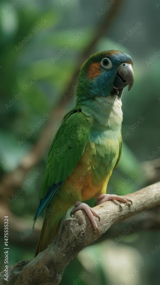 Captivating turquoise-fronted amazon perched on a branch, showcasing its vibrant green and blue plumage against lush foliage. Captivating turquoise-fronted amazon perched on a branch, showcasing its vibrant green and blue plumage against lush foliage.
