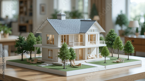 Model house displayed on table top with miniature trees and furniture, showing architectural design concept.