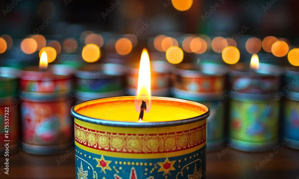 Colorful decorative candles lit on a wooden table, creating a warm ambiance with blurred background