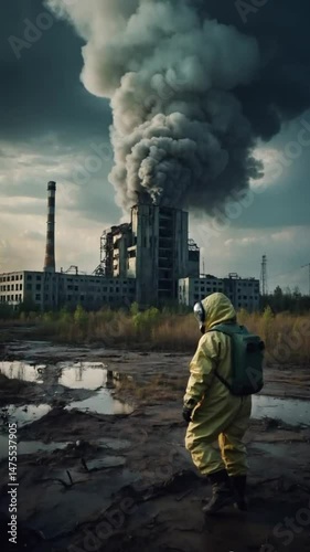 Person in Hazmat Suit Facing Damaged Industrial Building with Smoke