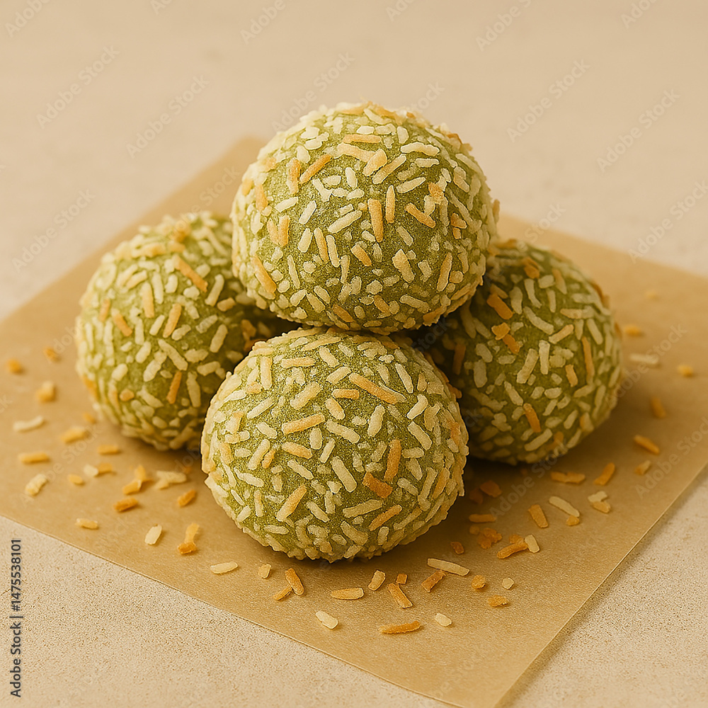 Fototapeta premium Plant-Based Matcha Mochi Coconut Bites 