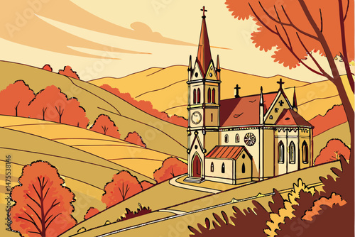 19 medieval gothic church, rolling green hills, autumn foliage colors, soft focus, golden hour lighting, picturesque landscape, architectural detail, serene atmosphere, idyllic countryside, realistic 