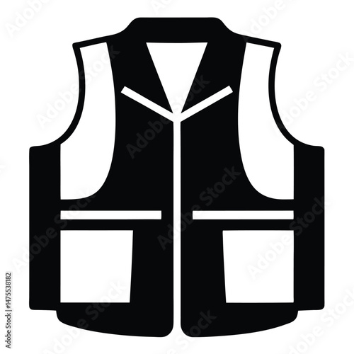 Solid black safety vest has white reflective strips and square pockets
