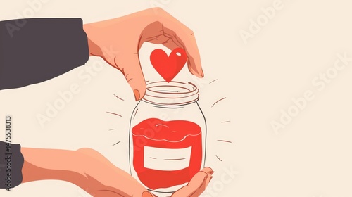 Hands placing heart in jar concept of preserving love and relationship. Charity, donation background