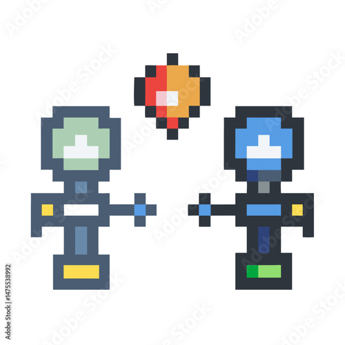 Pixel art robots sharing a bright idea