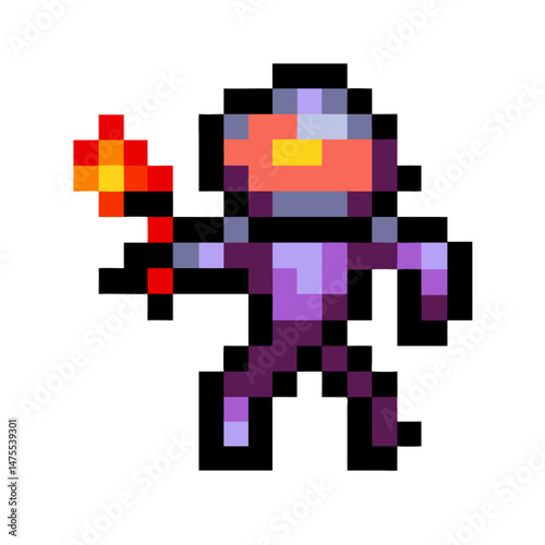 Pixel Art Wizard with Fireball on Black Background