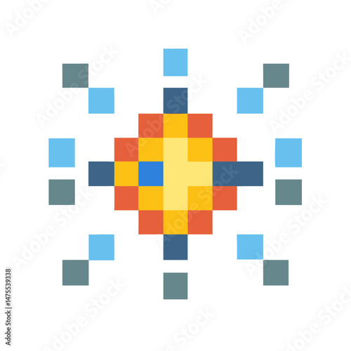 Pixel Art Sun with Rays on Black Background