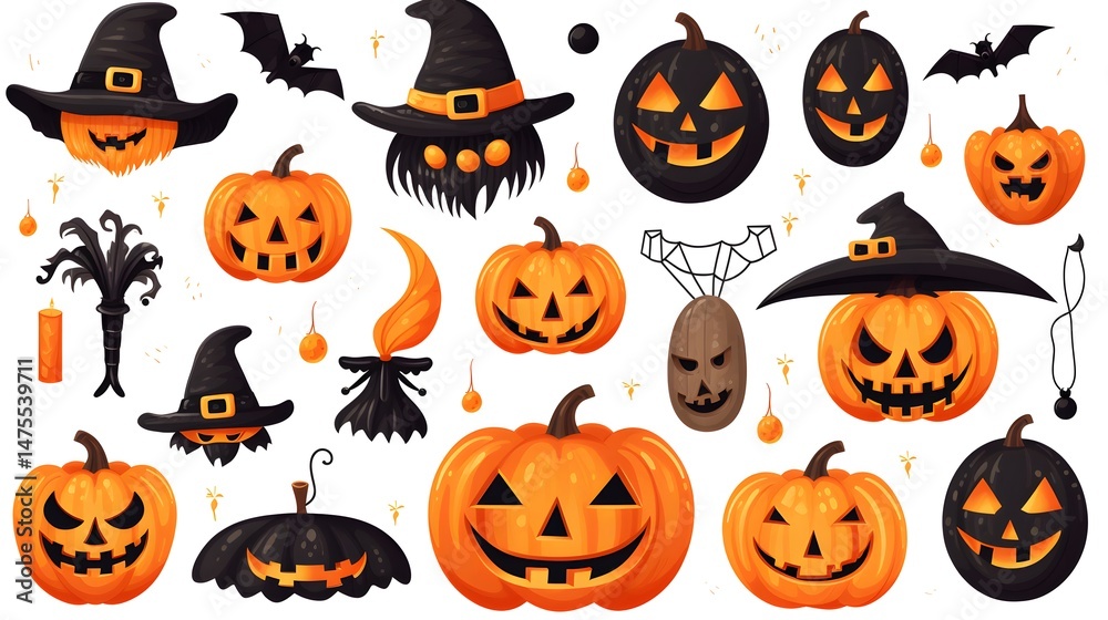 Collection of Stylized Halloween Elements for Festive Decorations and Invitations Collection of Stylized Halloween Elements for Festive Decorations and Invitations