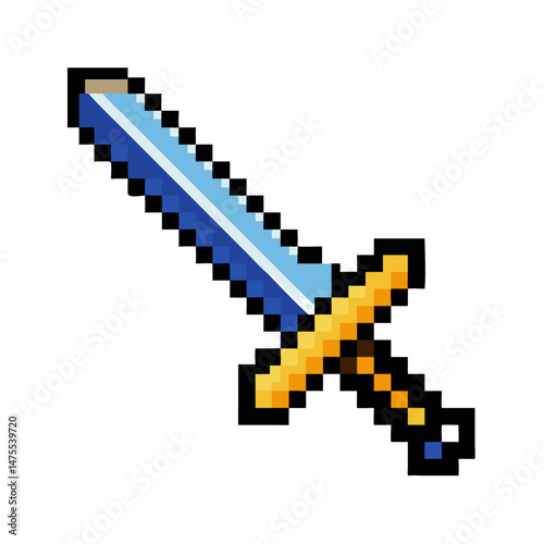 Blue and Gold Pixel Art Sword on Black Background