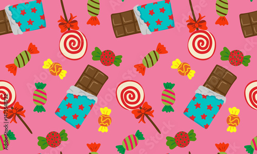 bright pink seamless candy pattern with chocolate bars, swirl lollipops and colorful wrapped sweets – playful retro confectionery background for kids