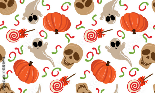 seamless pattern pumpkins ghosts skulls candies white background, autumn halloween web design cards textile drawn illustration