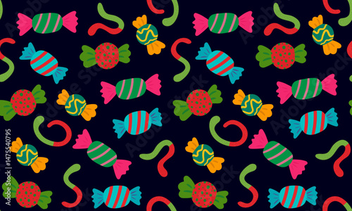 seamless pattern colorful wrapped candies  gummy worms dark background, festive sweet treats design sugar confectionery illustration textile, wrapping paper