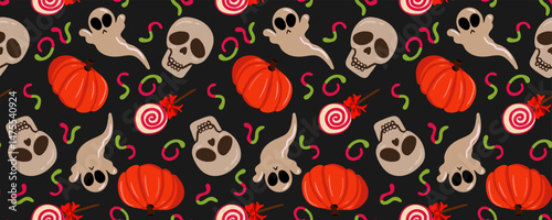 modern childish halloween seamless pattern pumpkins ghosts skulls candies dark gray background, cute design cards paper textile, cartoon ghostly sugary